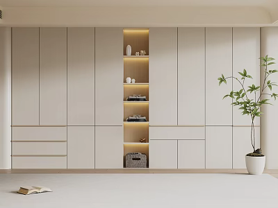 Modern Light Tone Wardrobe With Built in LED Light Open Shelf Storage And Potted Plant 3d model