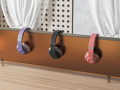 Colorful Headphones Hanging On Brown Shelf With Curtains Perforated Wall And Wooden Floor 3d model