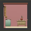 Cozy Kitchen Interior With Pink Walls Green Cabinets Arched Window And Red Tile Floor