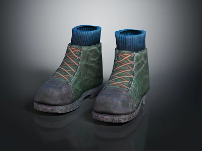 Green Textured Shoes With Blue Sock Like Collar And Orange White Laces 3d model