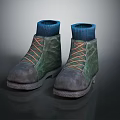 Green Textured Shoes With Blue Sock Like Collar And Orange White Laces