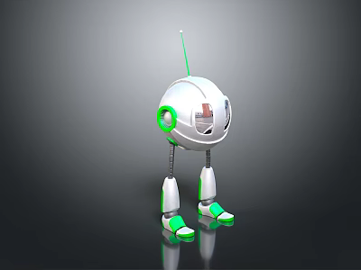 Modern White Robot Character With Green Accents Antenna Metallic Legs Green Feet 3d model