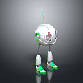 Modern White Robot Character With Green Accents Antenna Metallic Legs Green Feet