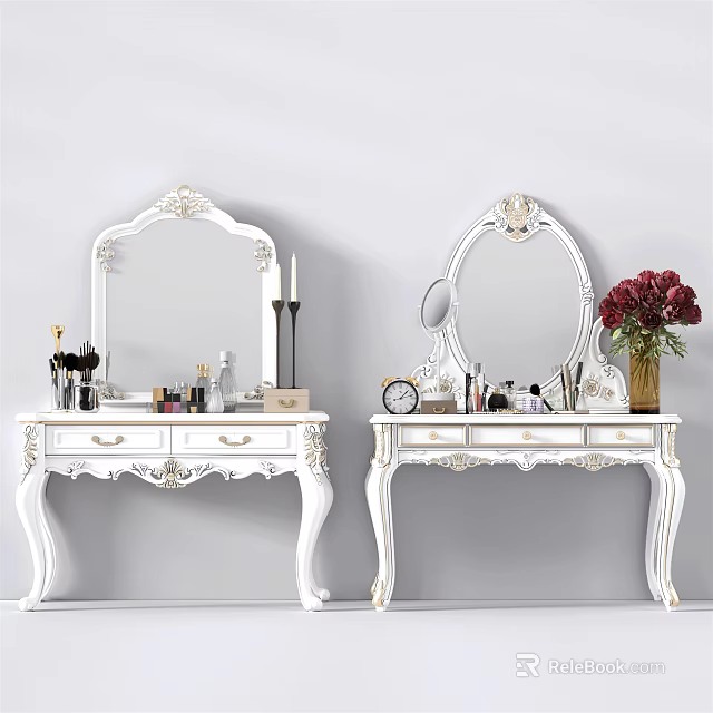 White Carved Dressing Table with Ornate Mirrors Cosmetics Vase and Fresh Flowers 3d model 