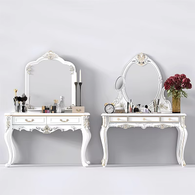 White Carved Dressing Table with Ornate Mirrors Cosmetics Vase and Fresh Flowers 3d model