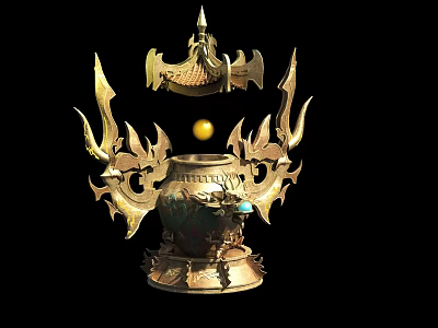 Golden Ancient Weapon With Intricate Flame Decorations And Orb On Base 3d model