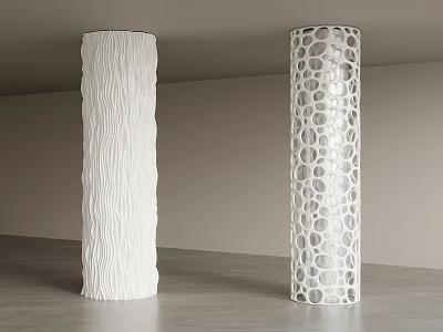 White Decorative Columns With Wood Grain Texture And Circular Hollow Patterns 3d model