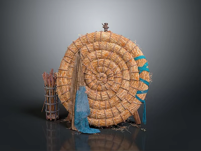 Straw Woven Shield With Hay Bales Blue Cloth And Small Top Statue 3d model