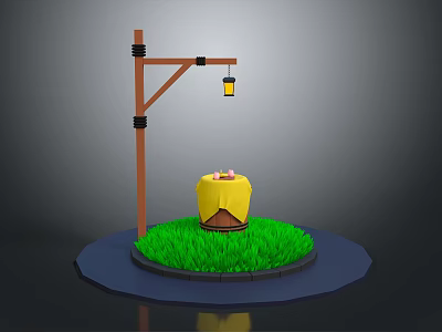 Wooden Pole With Hanging Lantern Over Yellow Barrel On Green Grass Circular Platform 3d model