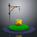 Wooden Pole With Hanging Lantern Over Yellow Barrel On Green Grass Circular Platform
