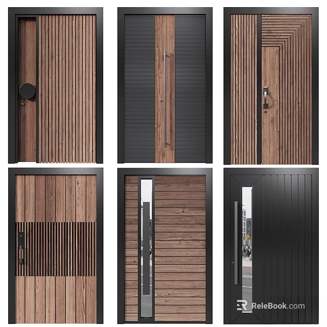 Modern Wooden Swing Doors With Black Frame And Glass Panel Designs 3d model 