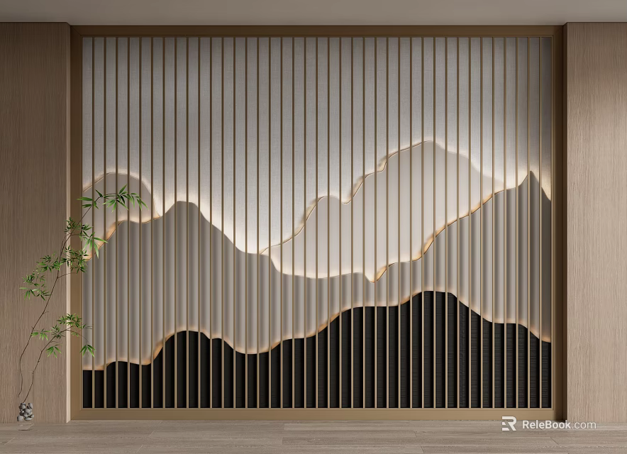 Modern Minimalist Sofa Background Wall With Wooden Slats And Mountain Shaped Lighting Design 3d model 