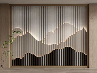 Modern Minimalist Sofa Background Wall With Wooden Slats And Mountain Shaped Lighting Design 3d model
