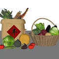 Assorted Fresh Vegetables in Traditional Sack and Woven Basket with Scattered Produce
