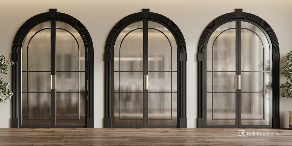 Stylish Arched Double Doors With Black Frames Glass Panels Wooden Flooring And White Walls 3d model 