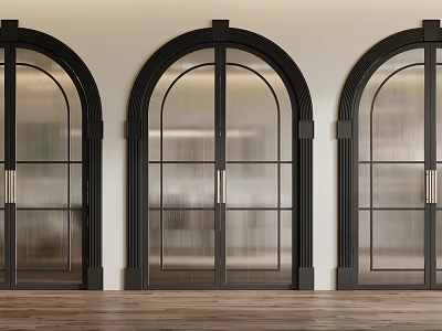 Stylish Arched Double Doors With Black Frames Glass Panels Wooden Flooring And White Walls 3d model