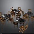 Wooden Dining Tables And Chairs Set With Round Tables Plates And Wine Bottles