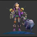Blonde Female Character In Purple Coat With Mechanical Parts And White Horned Creature