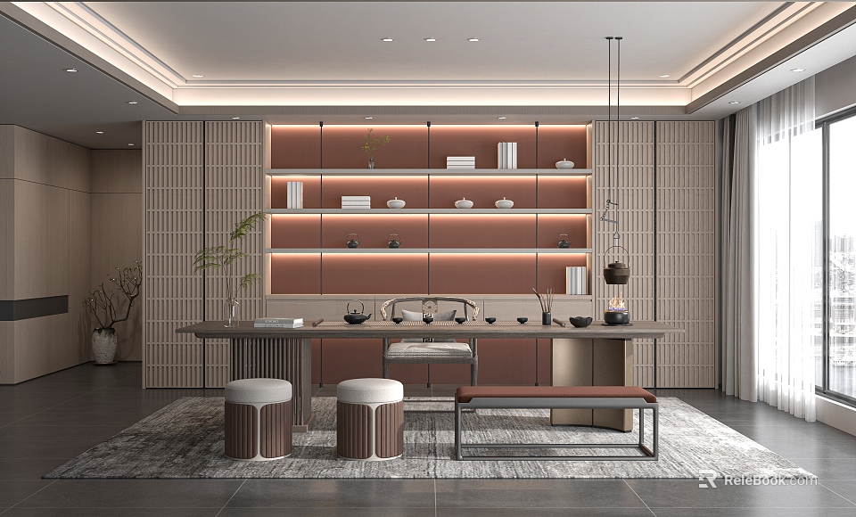 Modern Open Tea Room Interior Design With Bookshelves Tea Sets And Cozy Seating 3d model 