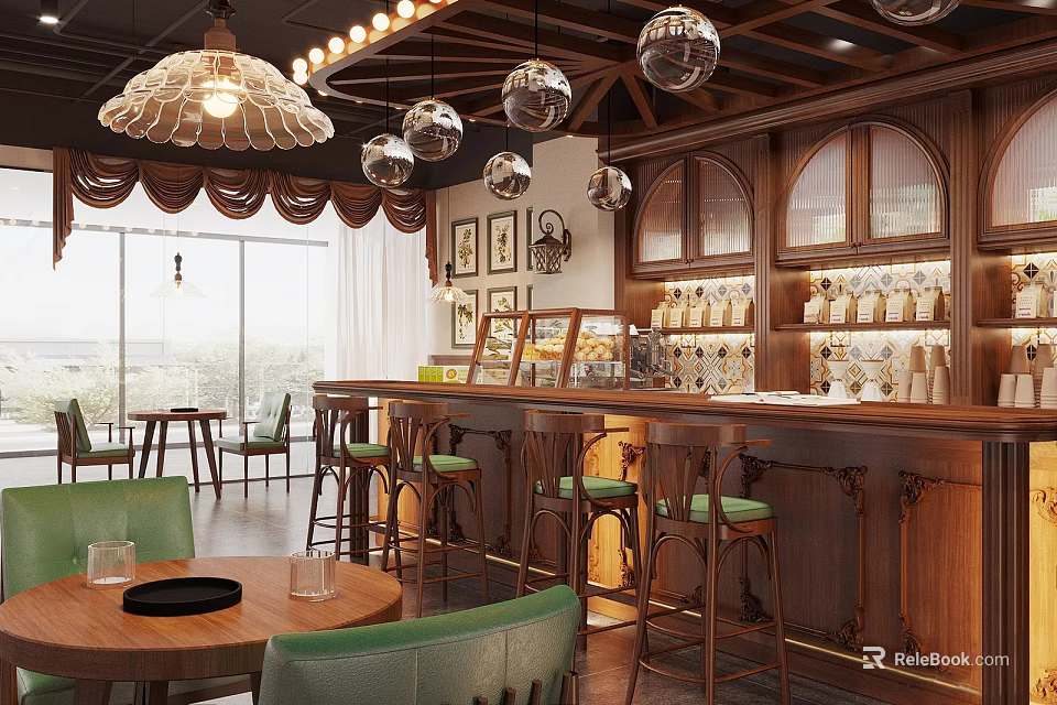 Cozy Café Interior With Wooden Bar Counter Green Chairs And Hanging Lamps 3d model 