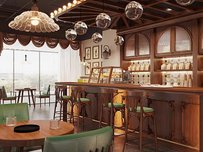 Cozy Café Interior With Wooden Bar Counter Green Chairs And Hanging Lamps 3d model