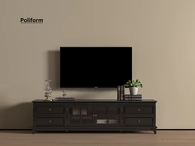 Modern Dark Wood TV Stand with Drawers Glass Doors TV Vase Books and Potted Plant 3d model