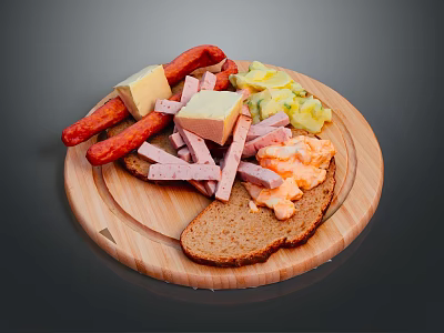 Delicious Cold Meat And Cheese Platter With Sausages Pickles And Rye Bread On Wooden Board 3d model