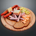 Delicious Cold Meat And Cheese Platter With Sausages Pickles And Rye Bread On Wooden Board