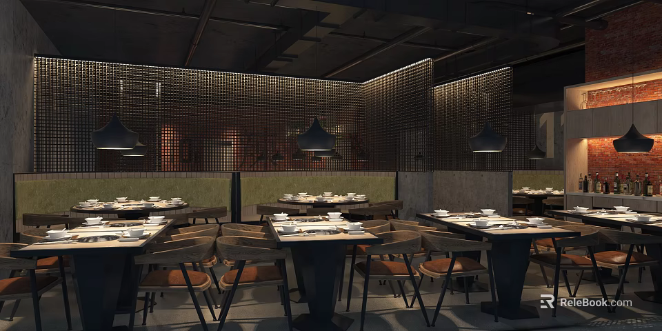 Modern Restaurant Interior With Dining Tables Chairs Hanging Lights And Grid Partitions 3d model 