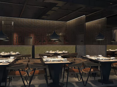 Modern Restaurant Interior With Dining Tables Chairs Hanging Lights And Grid Partitions 3d model