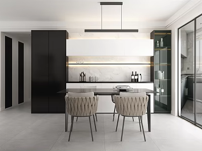 Modern Dining Room Interior With Dining Table Chairs Pendant Light And Black Cabinets 3d model