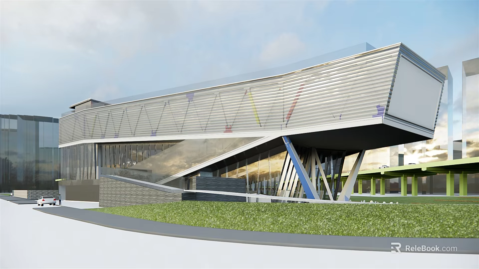 Modern Sales Office Building With Inclined Metal Facade And Glass Curtain Wall 3d model 