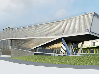 Modern Sales Office Building With Inclined Metal Facade And Glass Curtain Wall 3d model