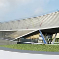 Modern Sales Office Building With Inclined Metal Facade And Glass Curtain Wall