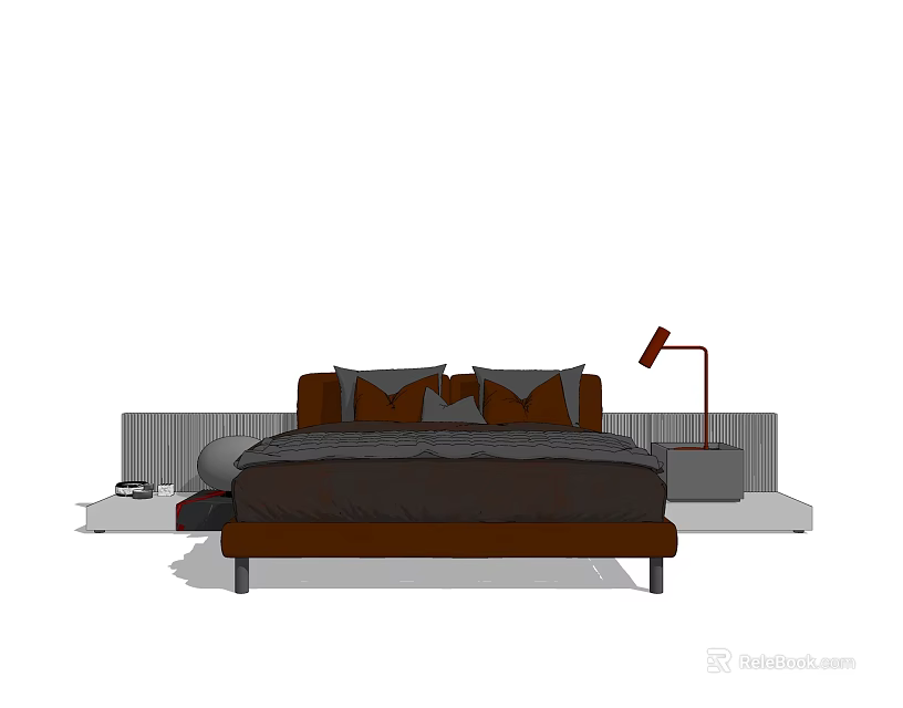 Modern Double Bed with Brown Frame Pillows and Red Table Lamp 3d model