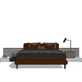 Modern Double Bed with Brown Frame Pillows and Red Table Lamp 3d model