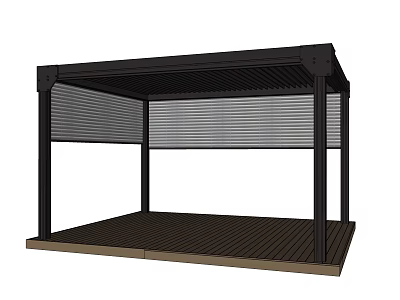 Modern Garden Pavilion With Black Frame Louvered Panels And Wooden Platform 3d model