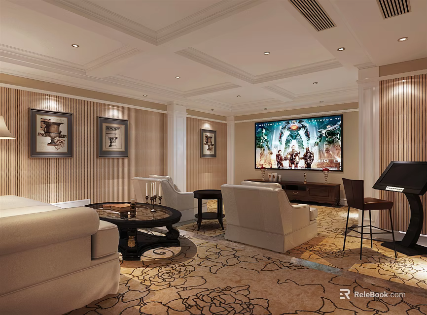 Luxurious Home Theater Interior With Large Screen TV Comfortable Sofas And Patterned Carpet 3d model 