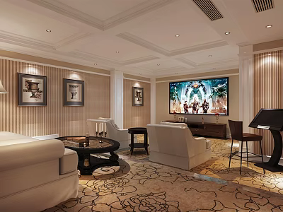 Luxurious Home Theater Interior With Large Screen TV Comfortable Sofas And Patterned Carpet 3d model