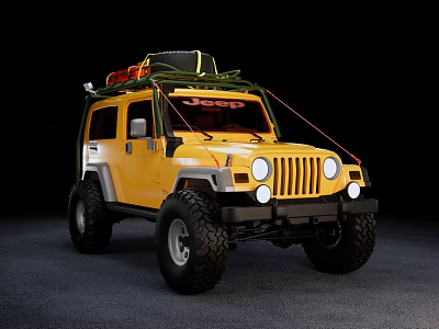 Yellow Jeep Off Road Vehicle Featuring Roof Rack Large Tires And Round Headlights 3d model