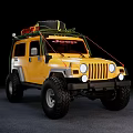 Yellow Jeep Off Road Vehicle Featuring Roof Rack Large Tires And Round Headlights