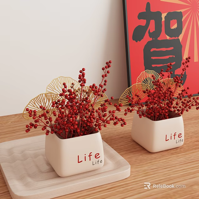 Decorative Ornament Set With White Pots Red Berries Golden Fan Decor And Life Lettering 3d model 