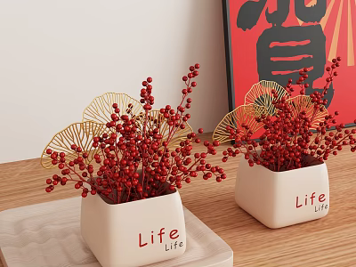 Decorative Ornament Set With White Pots Red Berries Golden Fan Decor And Life Lettering 3d model