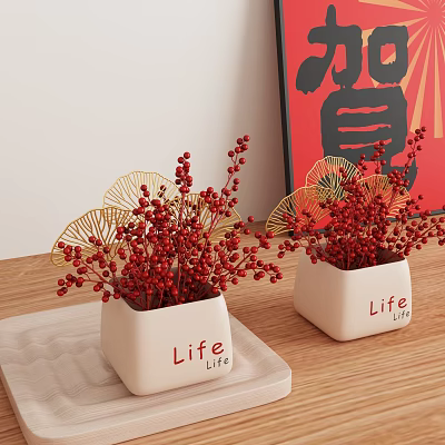 Decorative Ornament Set With White Pots Red Berries Golden Fan Decor And Life Lettering 3d model