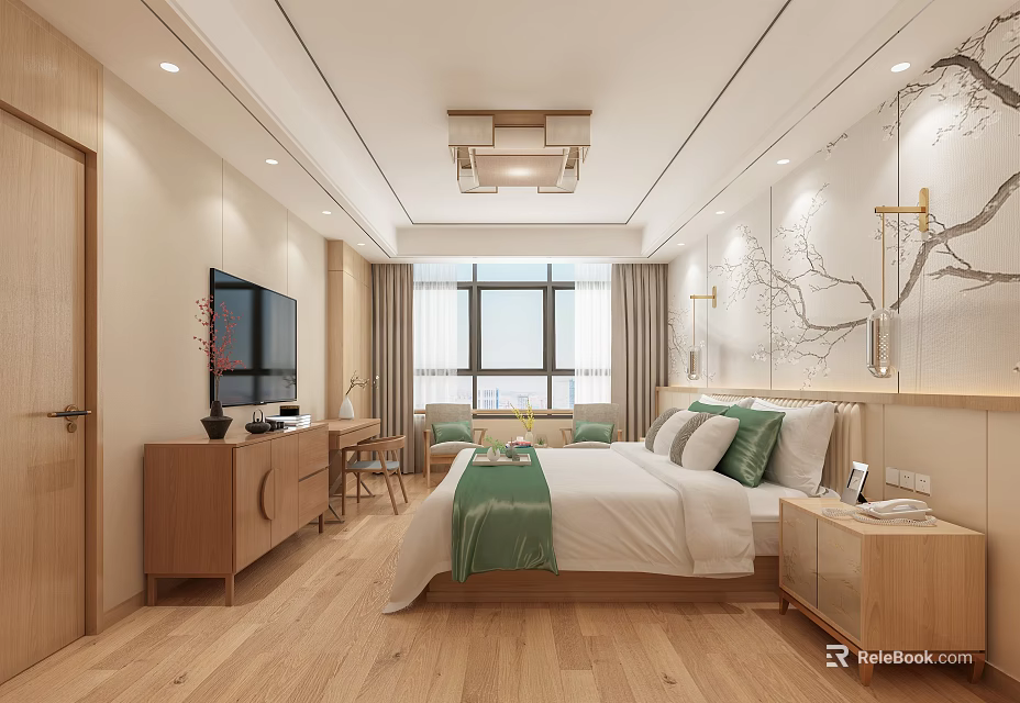 Modern Bedroom Interior With Wooden Furniture Green Bedding Window TV And Decorative Painting 3d model 