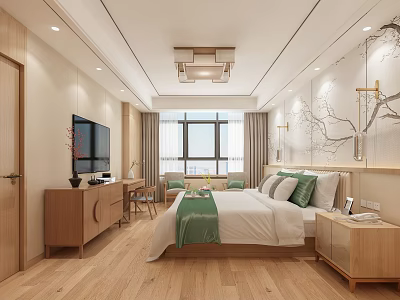 Modern Bedroom Interior With Wooden Furniture Green Bedding Window TV And Decorative Painting 3d model