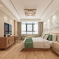 Modern Bedroom Interior With Wooden Furniture Green Bedding Window TV And Decorative Painting