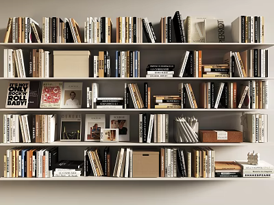 Bookshelf with various books and magazines different sizes colors boxes and decorations 3d model