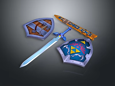 Decorative Weapons Collection With Blue Sword And Ornate Shields Featuring Colorful Emblems 3d model