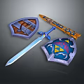 Decorative Weapons Collection With Blue Sword And Ornate Shields Featuring Colorful Emblems 3d model
